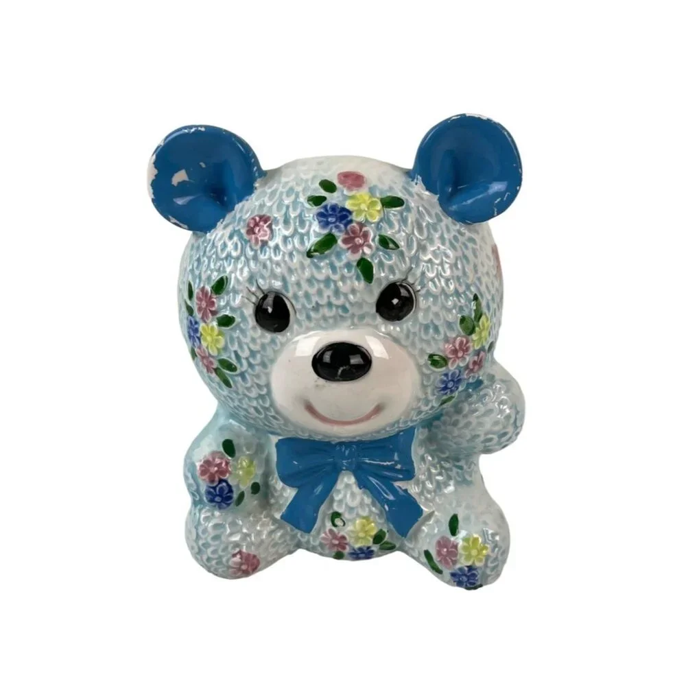 Vintage Napcoware Ceramic Blue Floral Bear Planter Orig. Sticker Home Decor